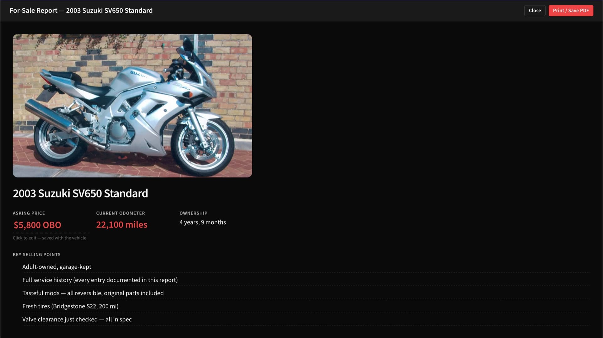 For-Sale Report page 1 for a 2003 Suzuki SV650 Standard motorcycle, ready to print or save as PDF.