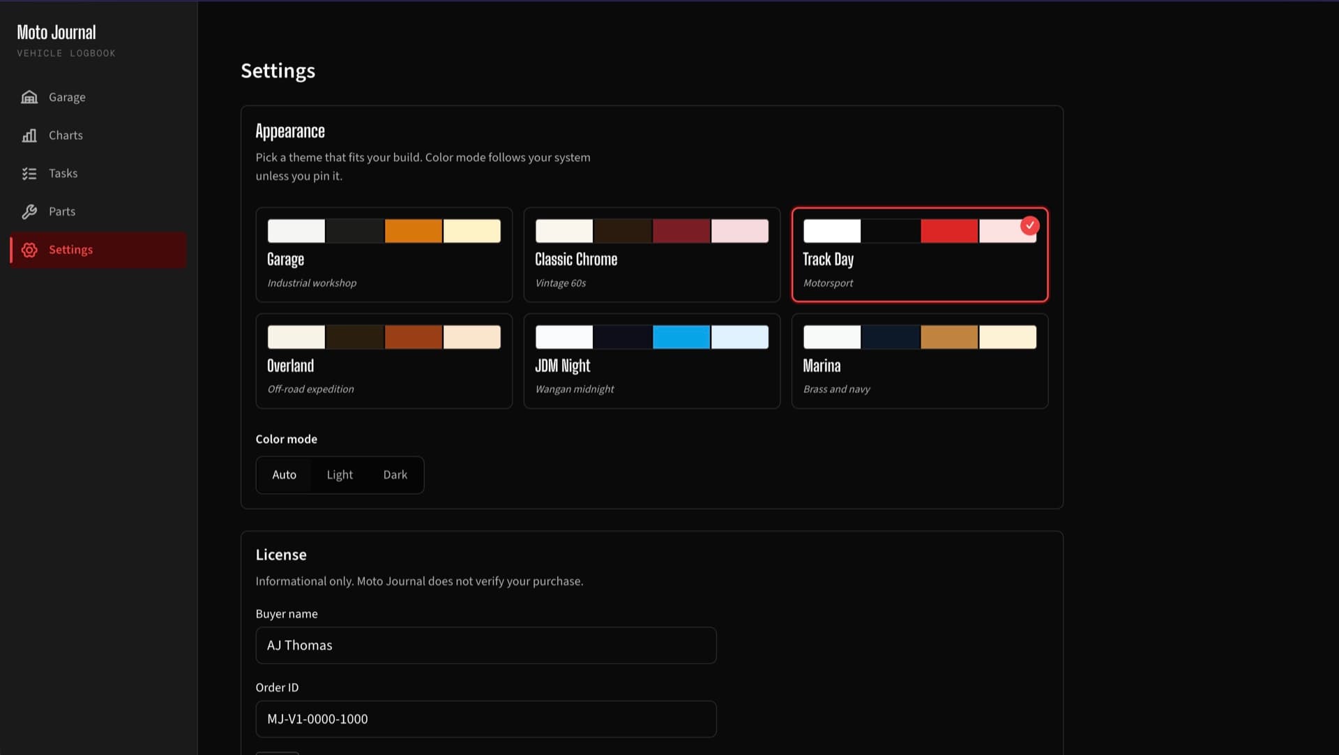 Settings → Appearance screen with six theme swatches. Garage (industrial workshop), Classic Chrome (vintage 60s), Track Day (motorsport, currently selected), Overland (off-road expedition), JDM Night (Wangan midnight), Marina (brass and navy); plus Auto/Light/Dark color mode toggle and a License panel showing buyer name and order ID.