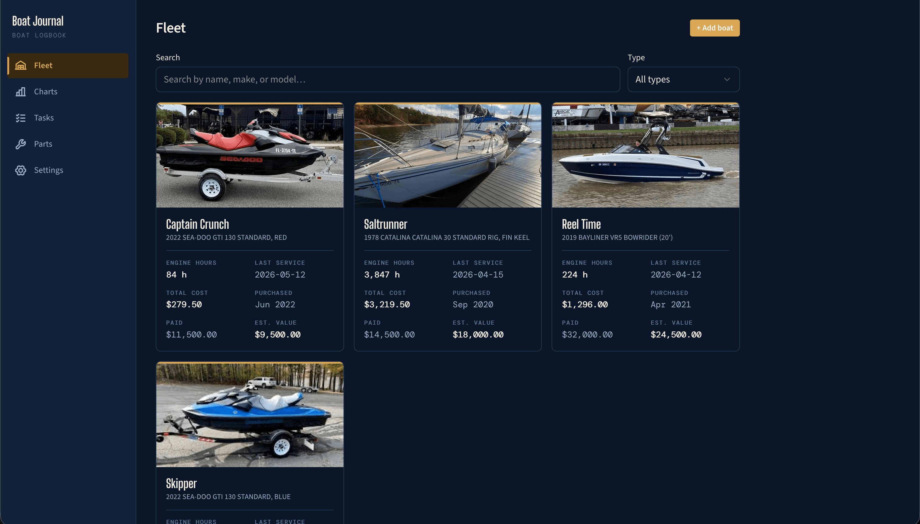Boat Journal Fleet view showing four vessels: Captain Crunch (2022 Sea-Doo GTI 130 jet ski, 84 engine hours), Saltrunner (2018 Catalina 36 sailboat, 3,047 hours), Reel Time (2023 Bayliner VR5 bowrider, 224 hours), and Skipper (Sea-Doo GTI). Each card shows cover photo, model, engine hours, last service, total spent, purchase date, paid, and estimated value.