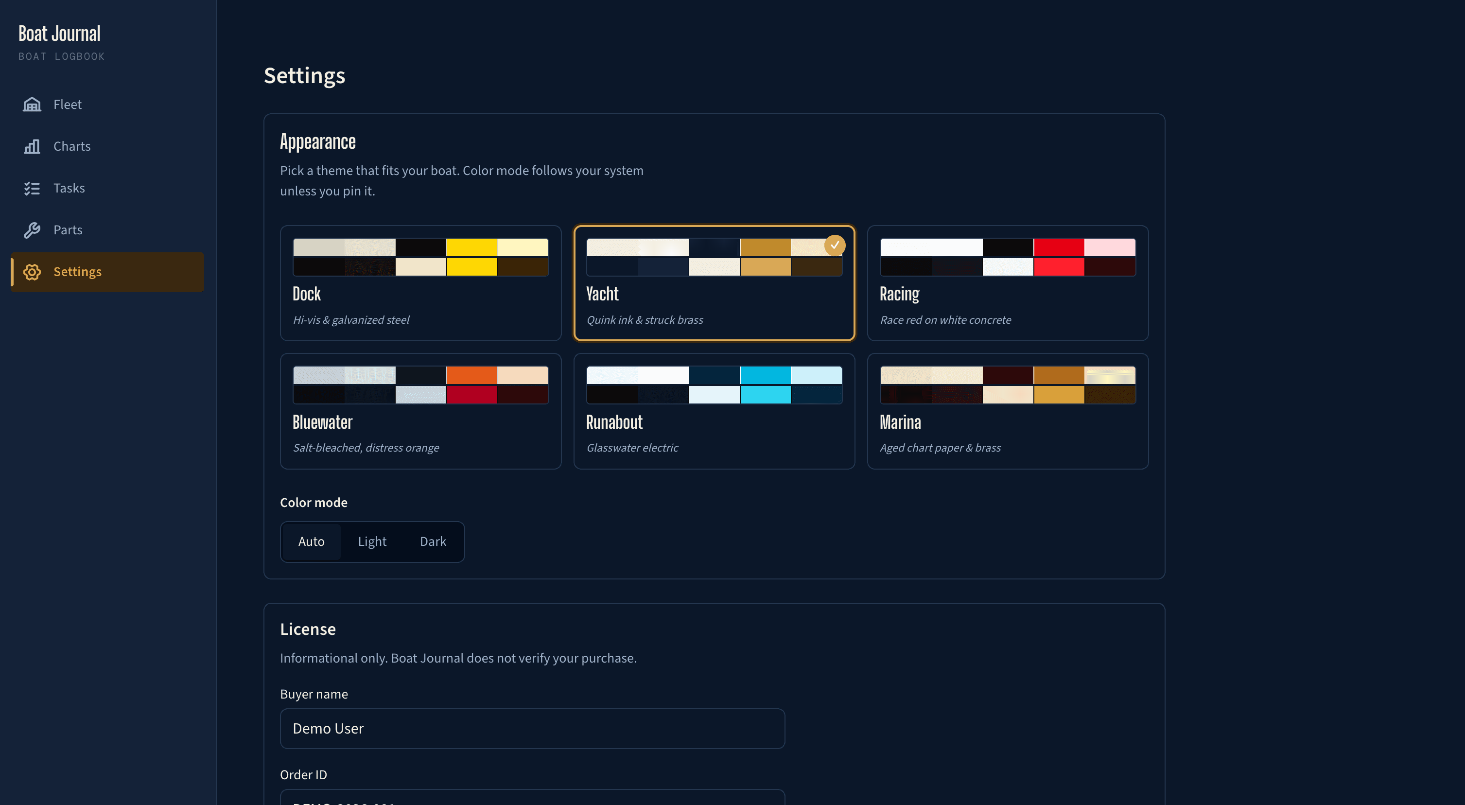 Settings panel with Appearance theme picker. Six theme tiles: Dock (hi-vis and galvanized steel), Yacht (Quink ink and struck brass, currently selected), Racing (race red on white concrete), Bluewater (salt-bleached, distress orange), Runabout (glasswear electric), Marina (aged chart paper and brass). Color mode toggle: Auto, Light, Dark. License panel below with Buyer name and Order ID fields.